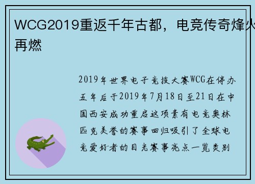 WCG2019重返千年古都，电竞传奇烽火再燃